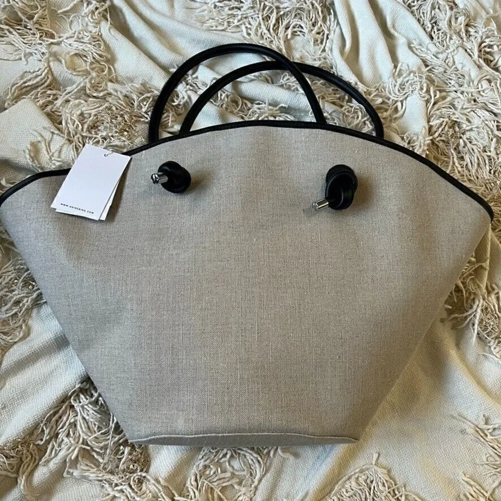 ANINE BING Taylin Linen Tote Bag Beige Brown Silver Hardware NEW
